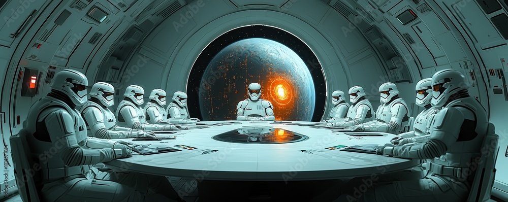 Poster a group of space marines are sitting around a table in a spaceship. the table is surrounded by chair