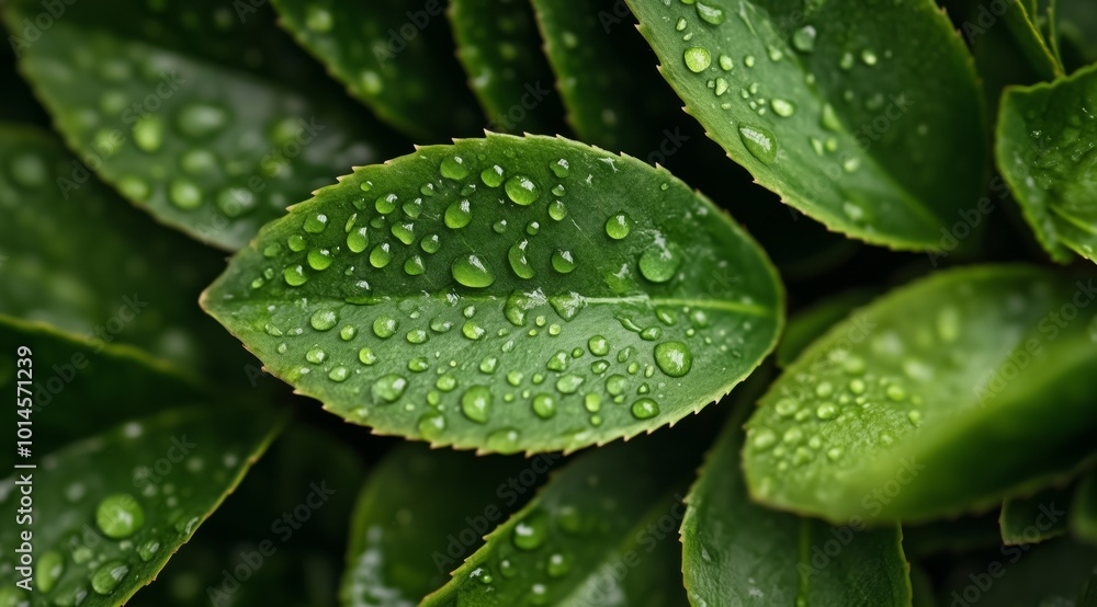 Wall mural a leaf with water droplets on it. the droplets are small and scattered, giving the impression of a l