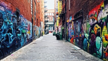 Naklejka premium A vibrant urban alleyway adorned with colorful street art and graffiti.