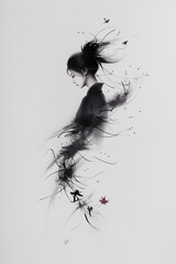 Fototapeta premium A graceful female silhouette in a Sumi-e ink painting, blending minimalism with Zen aesthetics. Delicate and expressive, perfect for interior design, art prints, branding, and meditation artwork
