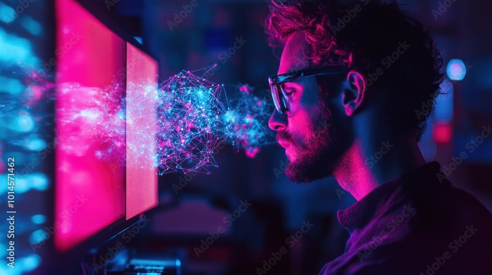 Aufkleber Man with Glasses Looking at Digital Network on Computer Screen