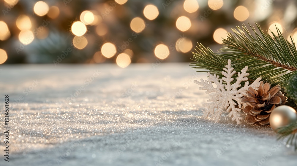 Poster a snowy landscape with a pine tree branch and a snowflake on it. the snowflake is surrounded by glit