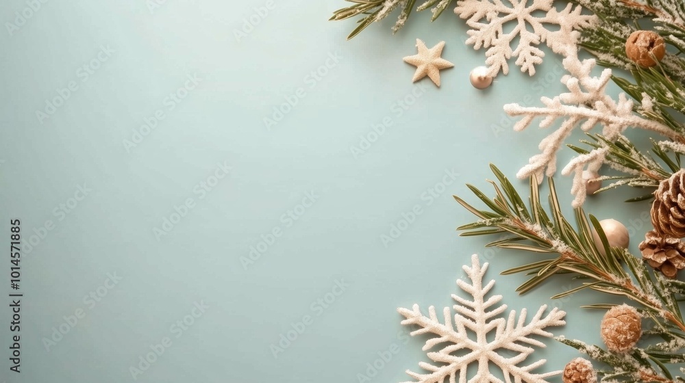 Poster a christmas tree with snowflakes and pine cones. the snowflakes are arranged in a way that they look