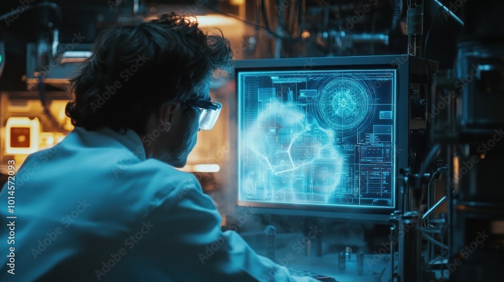Poster A Scientist in a Lab Looking at a Computer Screen with a Technical Diagram