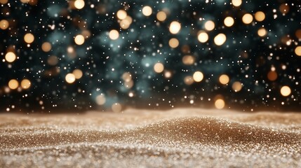 A snowy landscape with a bright blue sky and a few stars. The snow is falling and the sky is lit up with a warm glow