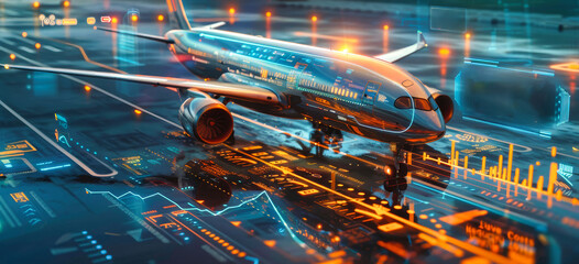 Aerial view of a modern airplane on the runway amidst an overcast twilight, featuring futuristic data overlays and flight statistics designed for cost reduction