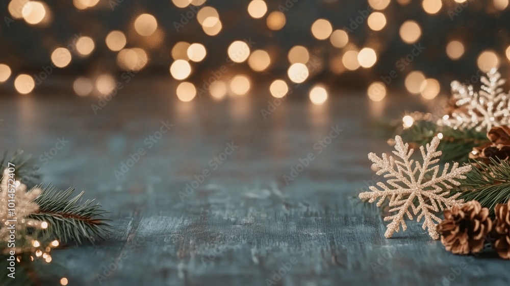 Poster a blue background with a snowflake and pine cones on it. the snowflake is the main focus of the imag