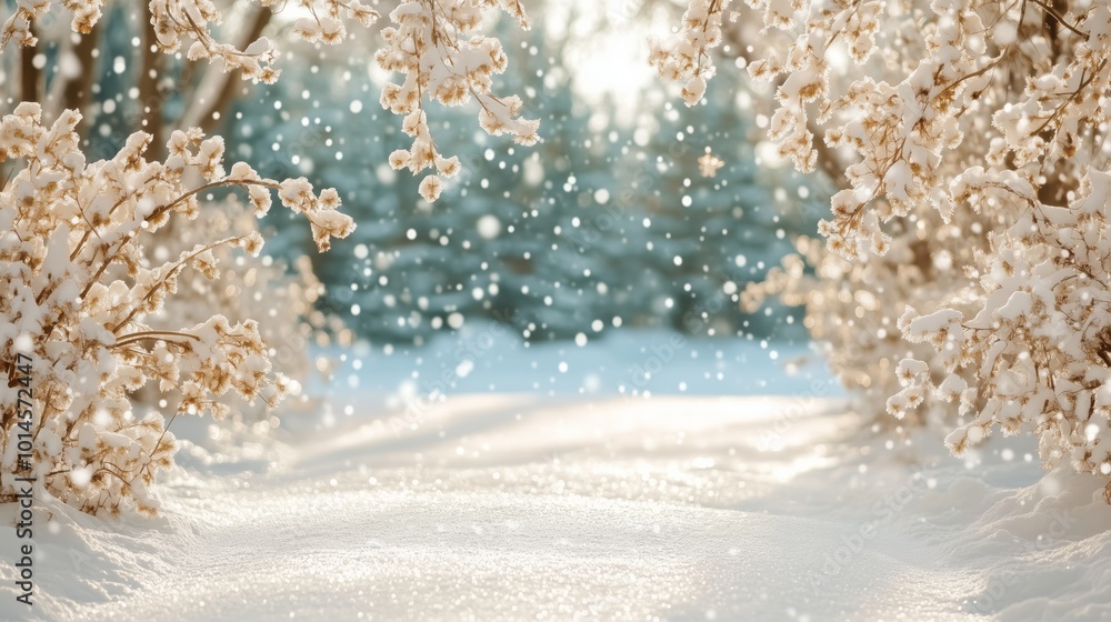 Poster a snowy landscape with a path through a forest. the snow is falling and the trees are bare