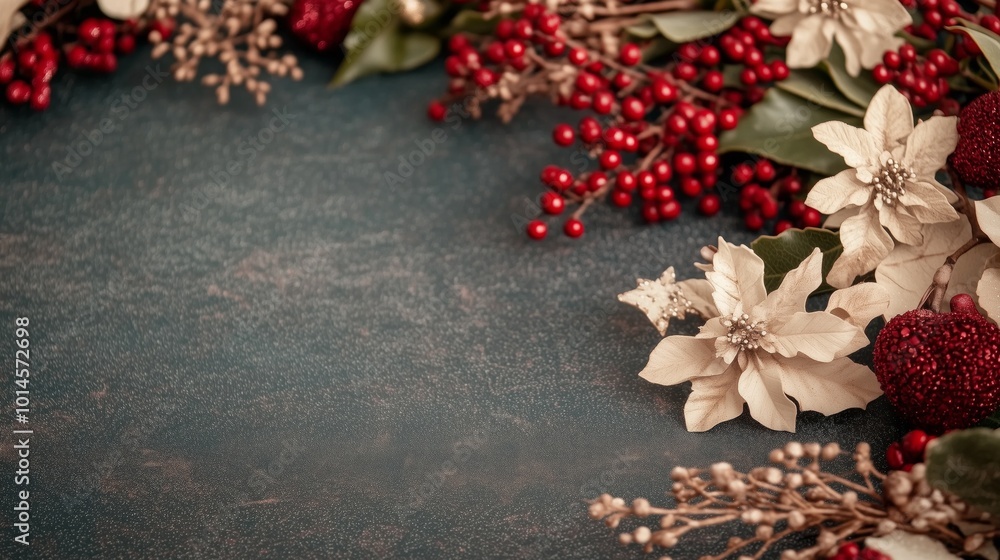 Poster a blue background with red and white flowers and berries. the flowers are arranged in a way that the