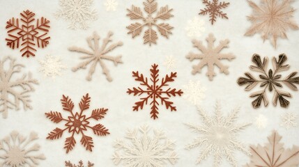 A snowflake pattern is embroidered on a white background. The snowflakes are of various sizes and colors, creating a festive and cheerful atmosphere