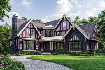 Architectural visualization of a home with dusty rose accents, traditional style, dark schist and maple details, large windows, cream roof trim, a cobblestone driveway, and lush green grass