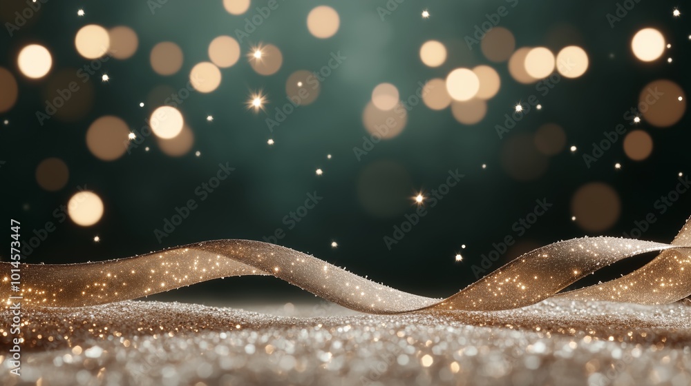 Poster a ribbon with glitter on it is on a table. the ribbon is long and has a shiny, sparkly appearance. t