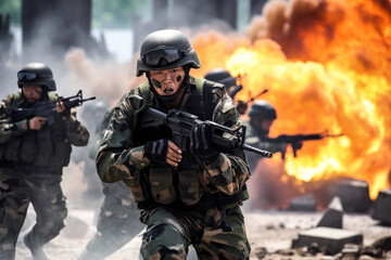 Naklejka premium Chinese soldier engages in tactical operations amid explosive training exercise at military base during daylight hours