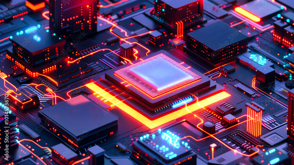 Poster a futuristic isometric rendering of a computer chip with glowing data amidst circuit boards and a vi