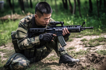 Fototapeta premium A Chinese soldier crouches in a training exercise, focused and prepared, in a wooded area during daylight hours