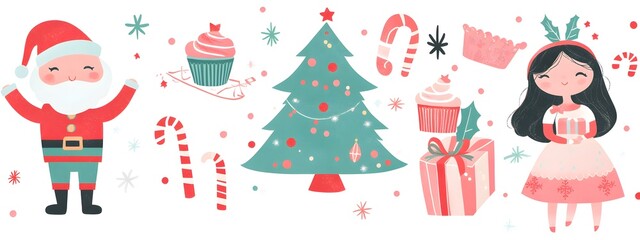 A Christmas-themed vector illustration with various holiday elements such as presents, nutcracker doll figurines, and Santa Claus characters.