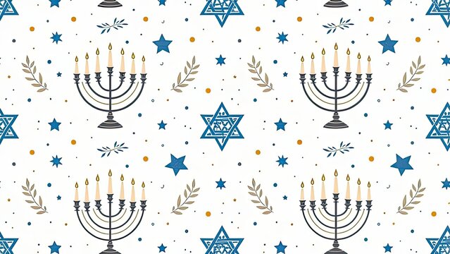 Hanukkah Pattern with Menorahs, Stars of David, Olive Branches o