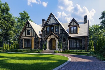 Fototapeta premium Architectural visualization of a home with honey gold accents, traditional style, dark limestone and oak details, vast windows, linen roof trim, a brick driveway, and lush green grass