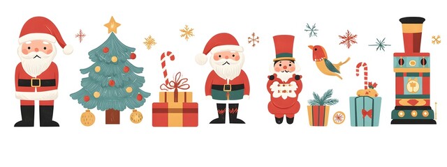 A Christmas-themed vector illustration with various holiday elements such as presents, nutcracker doll figurines, and Santa Claus characters.