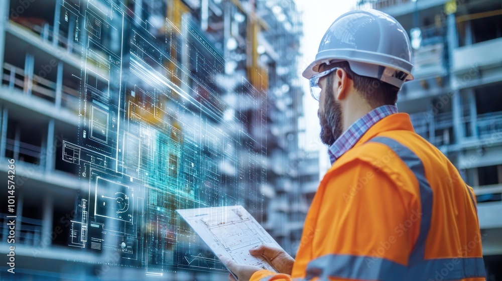 Poster construction worker reviewing blueprints with digital overlay