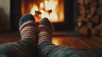 Warm and cozy winter scene  feet in wool socks relaxing by a flickering fireplace glow