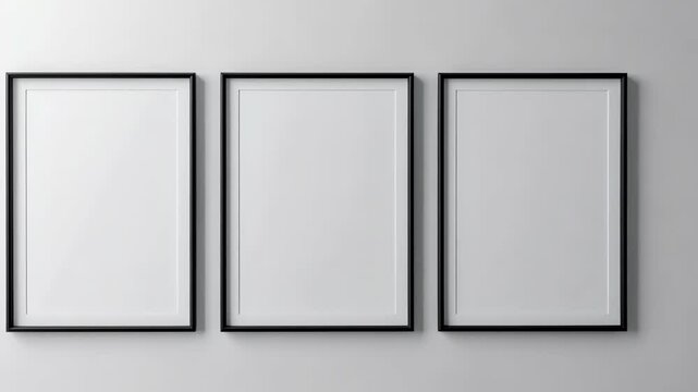 Three empty picture frames hang on a white wall