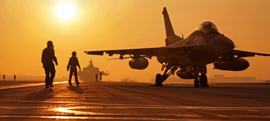 F20 fighter jet prepares for takeoff at sunset with crew walking nearby on the runway, showcasing sleek design and military presence in a breathtaking sky