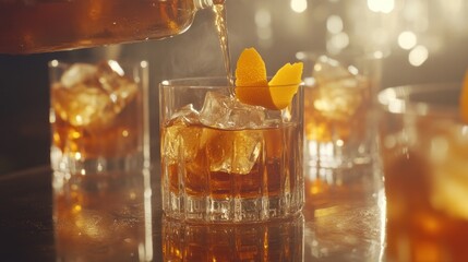 A close-up of a cocktail being poured over ice with orange garnishes.