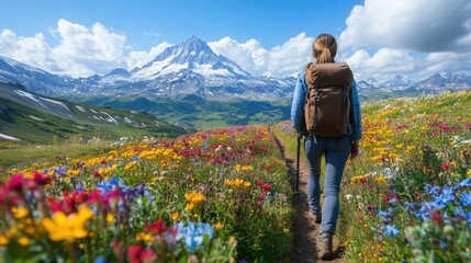 A lone hiker journeys through a vibrant alpine meadow, majestic mountains and a brilliant blue sky forming a breathtaking backdrop. A moment of serenity and adventure.