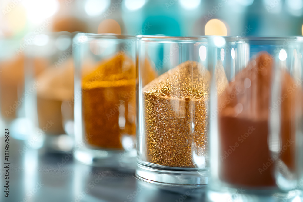 Poster various spices are displayed in glass containers, capturing vibrant colors and textures. the setup i