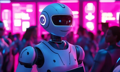 Fototapeta premium White robot smiles in a neon crowd.