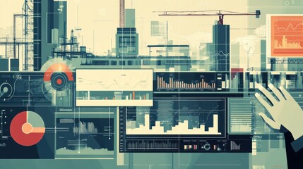 Abstract digital data visualization with hand interacting with a cityscape.