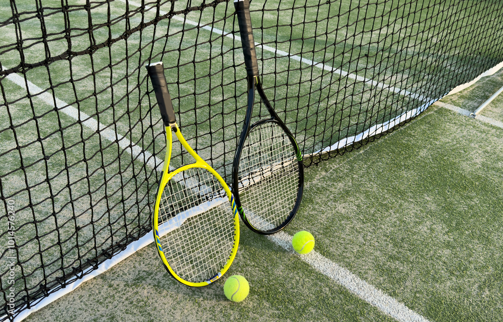 Wall mural Tennis racket and tennis ball on court.