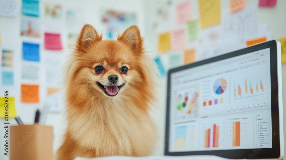 Poster A Pomeranian dog smiles while perched on a desk surrounded by colorful sticky notes and a computer displaying charts and graphs. The bright office space exudes a lively atmosphere.