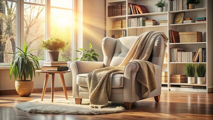Fototapeta premium A Cozy Reading Nook with a Comfortable Armchair, a Blanket, and Sunlight Streaming Through the Window