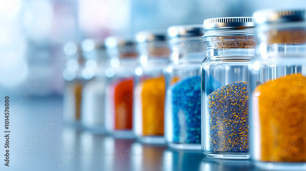 Poster a series of glass jars filled with vibrant pigments sit neatly arranged on a surface. the sunlight h