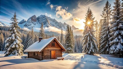 Fototapeta premium A Winter Wonderland Cabin Nestled in the Mountains, Bathed in the Golden Light of a Setting Sun