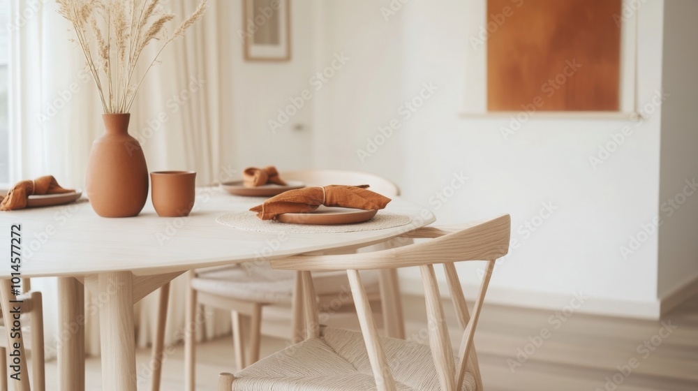Poster a contemporary dining area features a round table set with neutral-colored plates and clay vases. wa