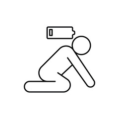 tired person icon, fatigue or exhausted, lack battery energy, low charge, burnout workplace, stress, thin line symbol on white background
