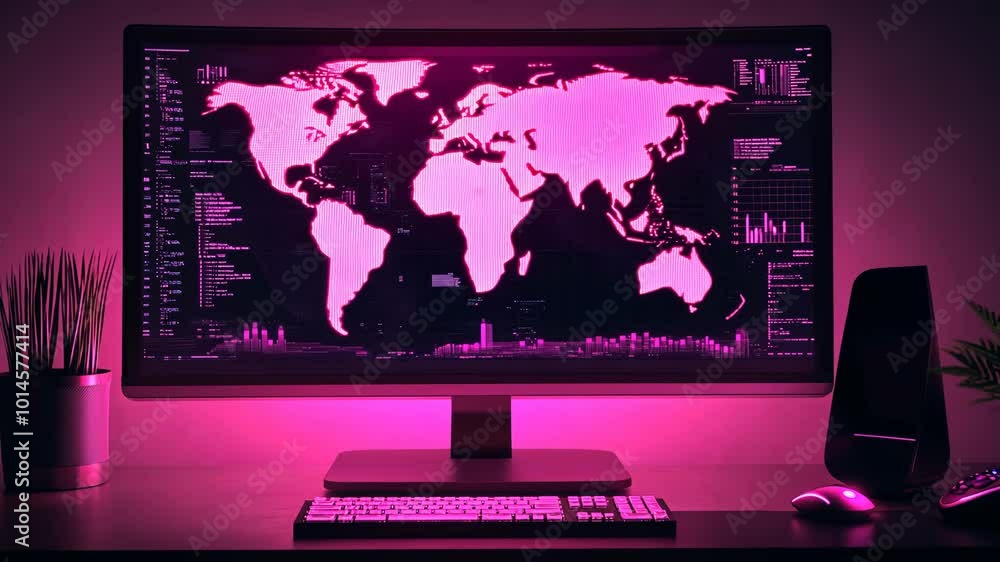 Poster a pink-lit desktop shows a world map with data on the screen