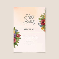 Hand drawn birthday invitation flyer template, Floral frame with space for text with watercolor orange flowers. Design for birthday cards, wedding invitations, business cards, flower shop flyers.