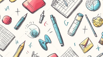 A seamless background for school, highlighting themes of education and science. The design features a repetitive pattern of pen doodles related to back-to-school concepts.