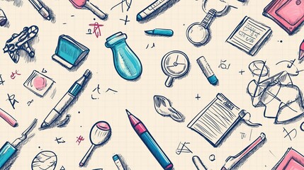 A seamless background for school, highlighting themes of education and science. The design features a repetitive pattern of pen doodles related to back-to-school concepts.