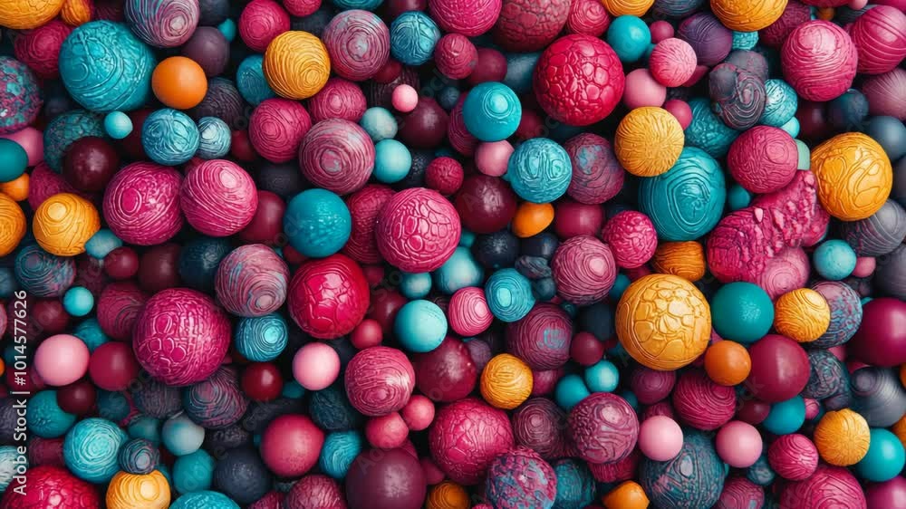 Poster a close-up of colorful spheres, some with intricate patterns, piled together