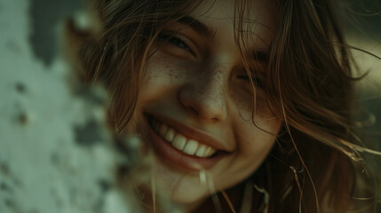 A woman with brown hair and freckles is smiling and looking at the camera