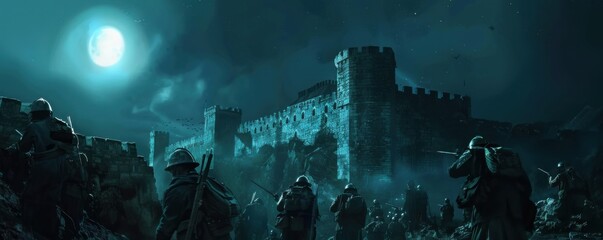 Elite soldiers rescuing hostages from a castle tower under moonlight, 4K hyperrealistic photo