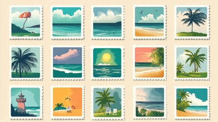 Obraz premium A set of vintage summer travel postcard stamp illustrations in retro style. The collection features beach vacation postage stickers, summertime season mail postmarks, and tourism-themed postal labels.