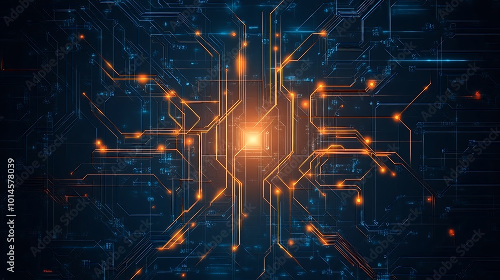 Poster abstract digital circuit board with glowing orange lines and a bright center.