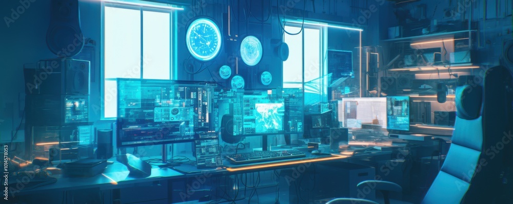 Poster light fixture with neon clocks illuminating the room in cyberpunk style, creating a light painting e
