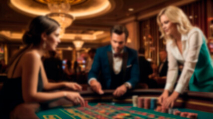 Blurred casino table with players, chips, and vibrant lighting, perfect for background use in gambling-related content or atmosphere creation